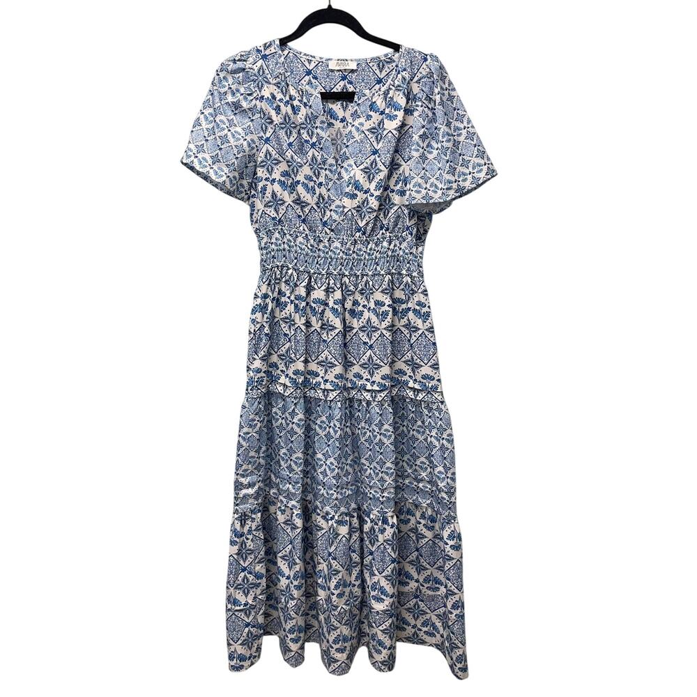 Women’s Blue Patterned Maxi Dress - Smocked Waist